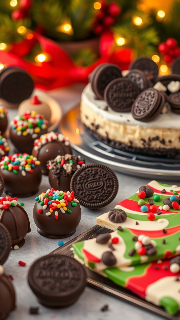 Festive Oreo Christmas Desserts A variety of Oreo Christmas desserts including truffles, cheesecake, and bark on a festive table.